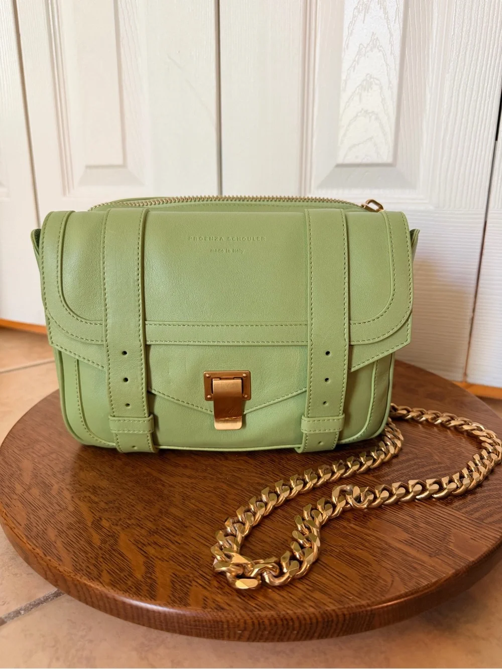 Proenza Schouler Double Bag PS1 Green Leather Crossbody with Gold Chain Strap